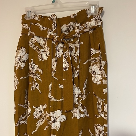 ZARA Paper Bag Waist Floral Pants Medium Tie Mustard Yellow Linen Straight - Picture 2 of 14